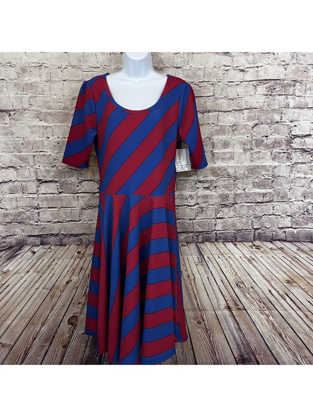 LuLaRoe Blue Red Stripe Short Sleeve A Line Midi Dress